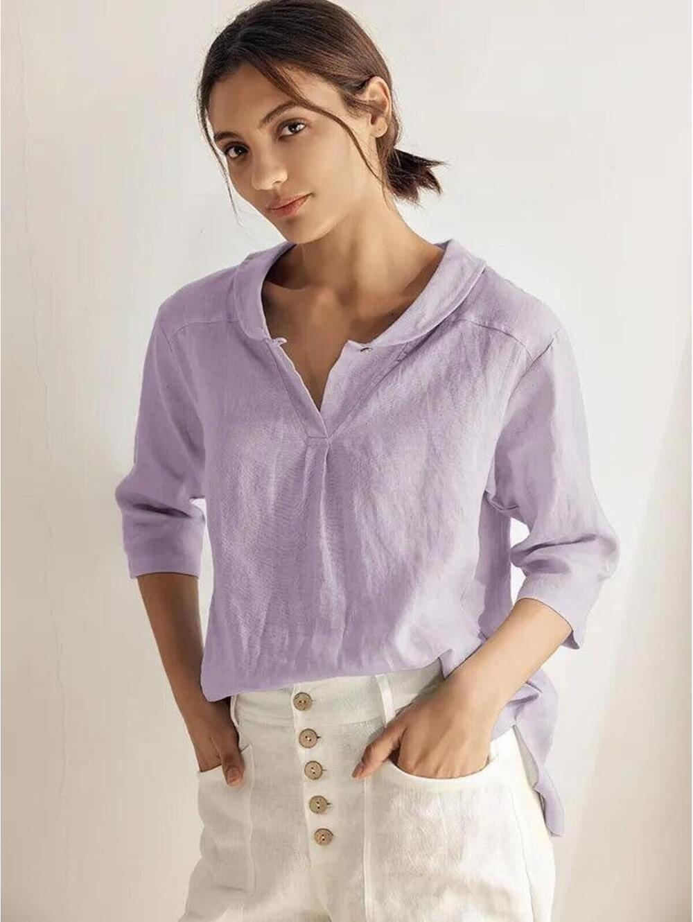 Lintico Linen Top V-Neck Half Sleeve Violette Sz S EUC - Picture 2 of 15